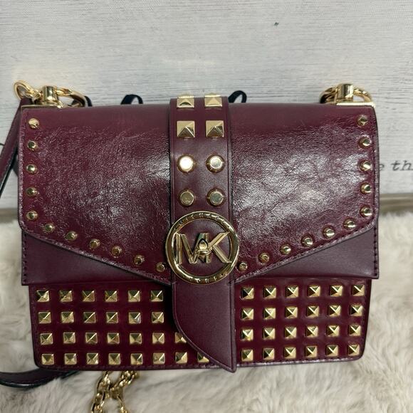 MICHAEL KORS Greenwich Studded Leather Shoulder Bag Burgundy Dark Berry - Picture 2 of 13